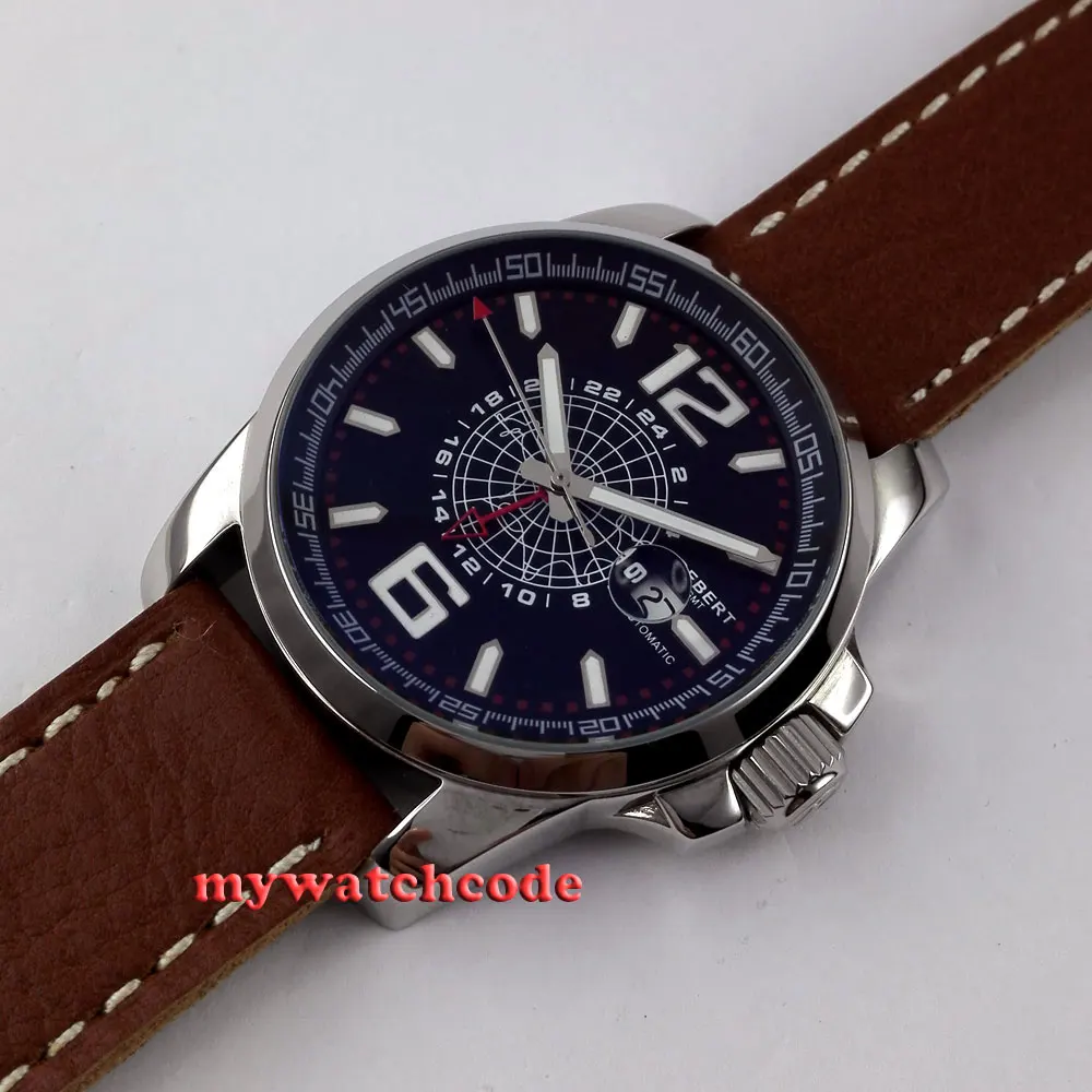 44 мм деберт черное окно с датой набора GMT автоматический кожаный ремешок мужские