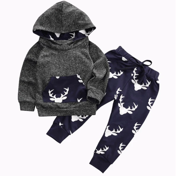 

Baby boy girl clothing suit 2018 Autumn Winter Warm deer hoodie tops coat infant toddle 2 Pieces baby clothes Christmas outfits