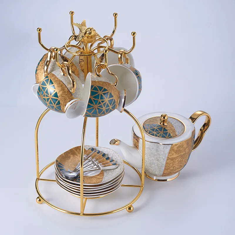 14PCS Set Роскошный кофейный набор из костяного фарфора с золотой инкрустацией, чайный набор, расширенный горшок, чашка, керамическая кружка, сахарница, сливочник, чайный горшок, молочный кувшин - Цвет: 14PCS Set