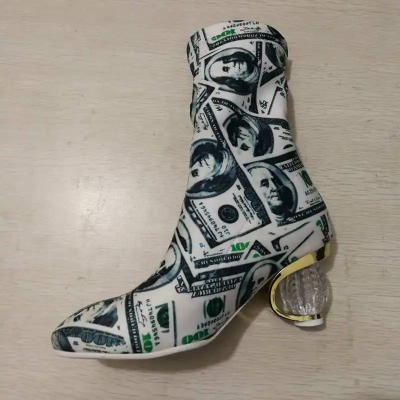 money REAVE CAT Winter Shoes women Pointed toe Mis calf Boots Pu Slip on Botas feminino mujer High heel Boots Print big size A1363 - Цвет: money