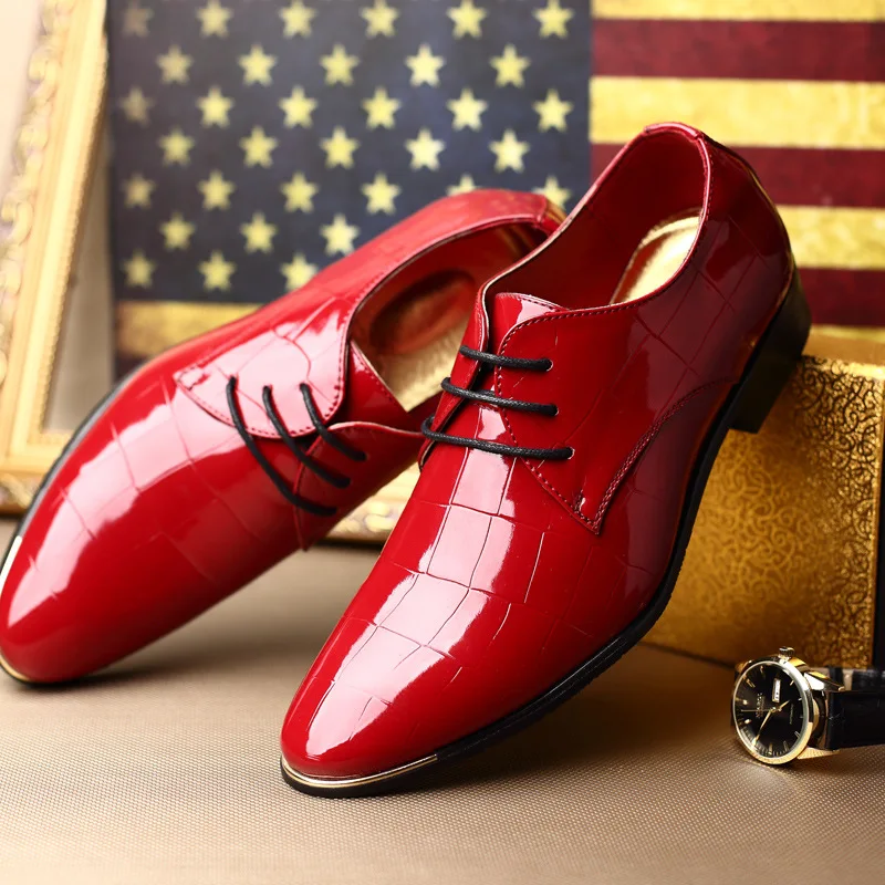 2018 new fashion high quality Casual men shoes leather shiny patent lace up dress point | Обувь