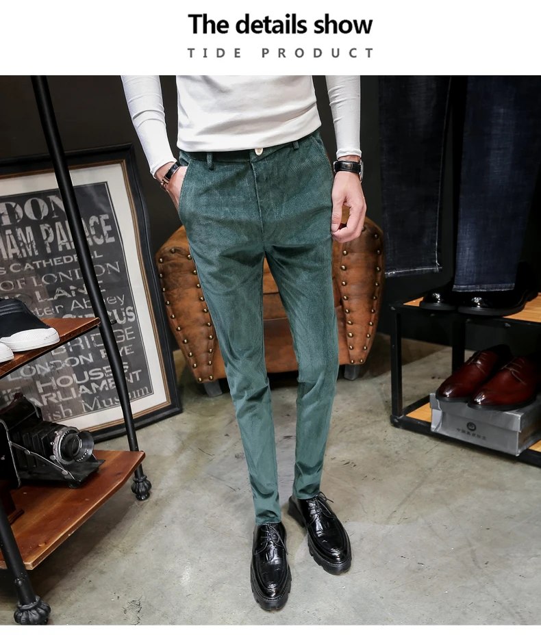 Хаки вельвет Повседневное брюки Для мужчин хорошее Stretch Slim Fit Для мужчин брюки осень-зима Мода однотонный костюм брюки мужской продажи