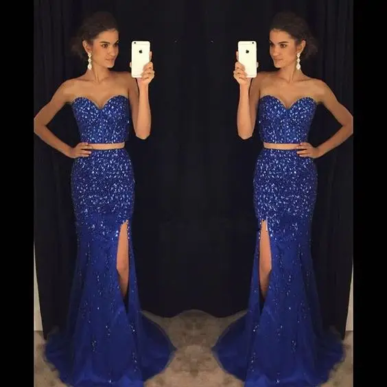 

Новый стиль из двух частей сексуальные платья для выпускного вечера с высоким разрезом возлюбленный вырез кристалл бисером Вечернее женск...