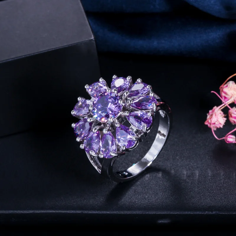 

Bilincolor fashion trendy purple flower cz big bridal wedding ring for women