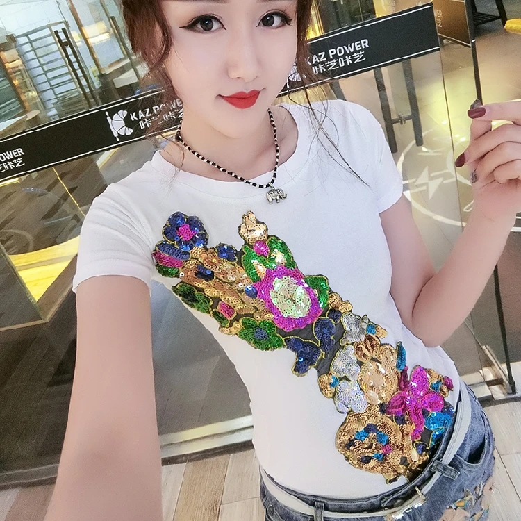 

Street fashion brand 2019 summer Korean new short-sleeved female embroidery flowers Slim thin T-shirt sequins tight clothes
