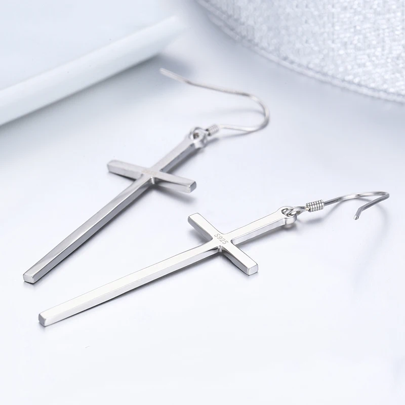 Real 925 Sterling Silver Long Cross Drop Dangle Hook Earrings For Women Girls Jewelry Gift Pendientes Aros Oorbellen Orecchini|earrings for|hook