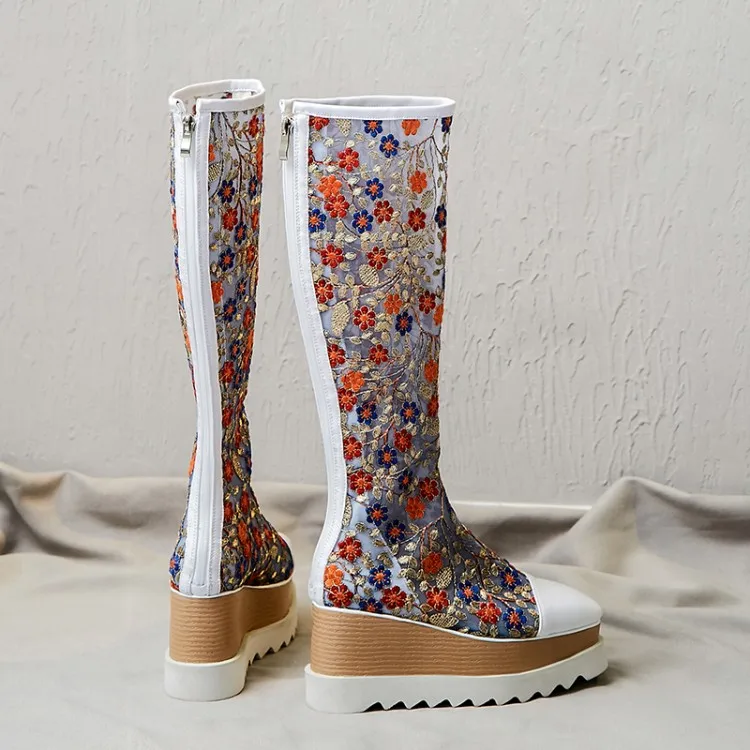 

female summer boots Wedge Chunky high heels platform mesh shoes 2019 new fashion women Knee High boots Big size 33-42