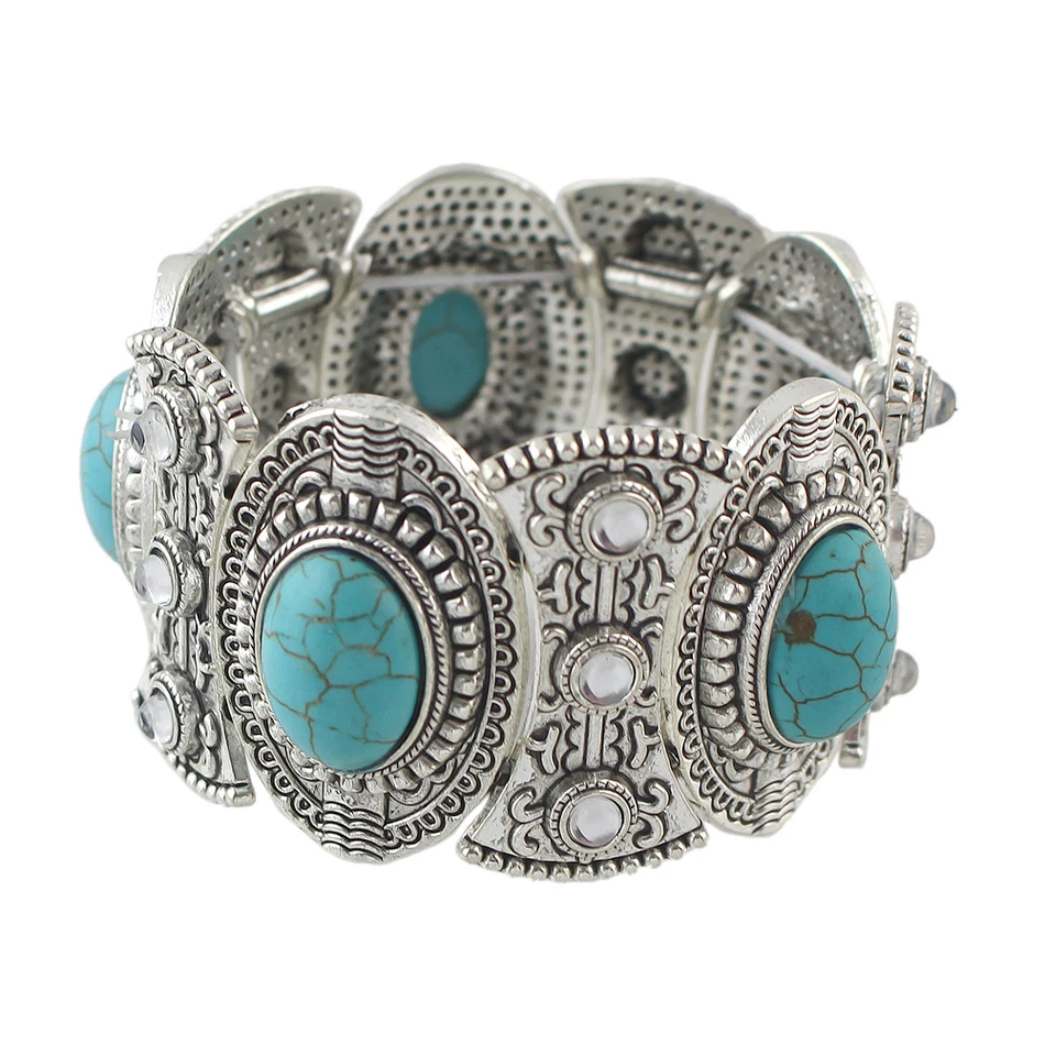 Boho Стиль Большой себе Браслеты серебряные украшения Цвет синий камень широкий