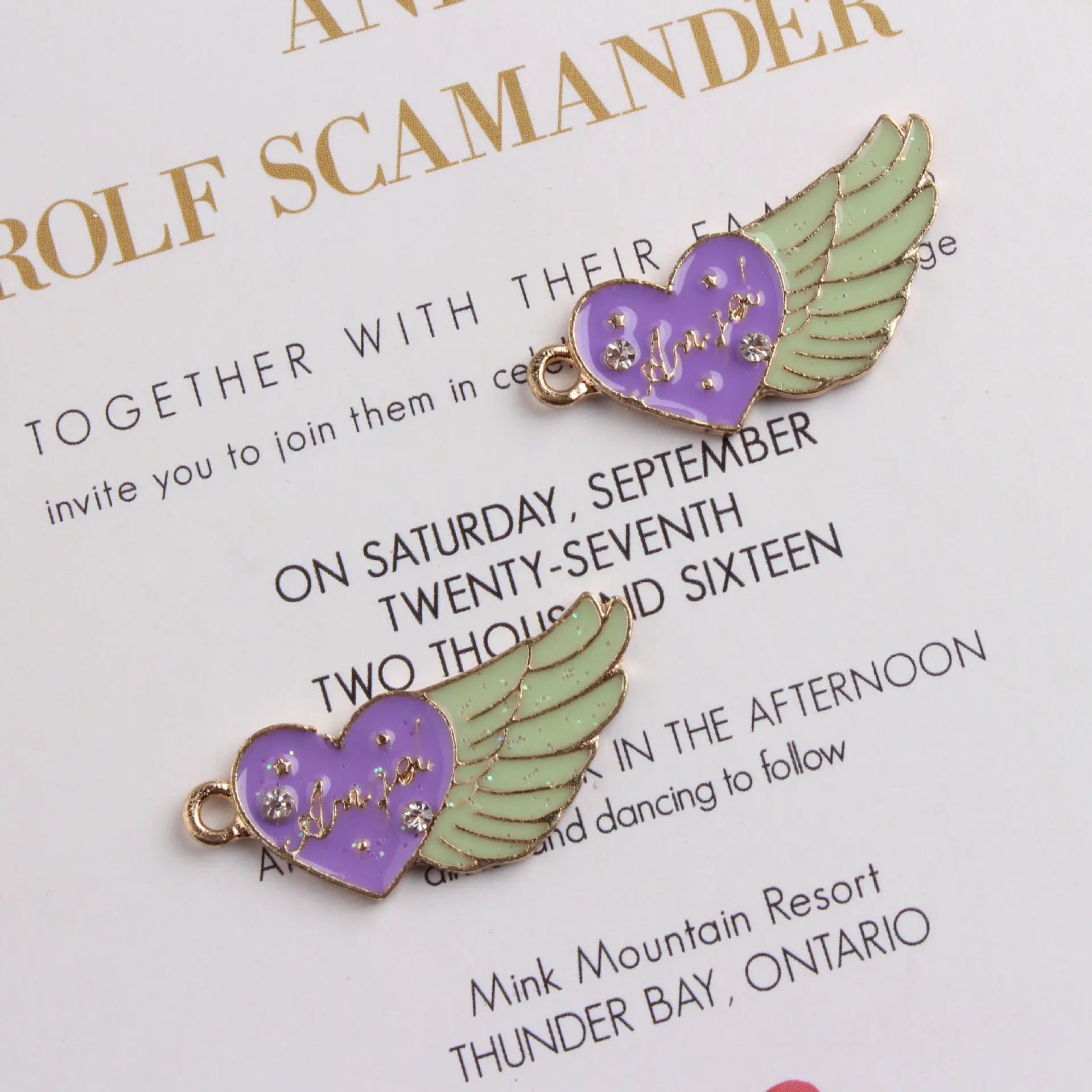 

10pcs Crystal Purple Love Wings Drop Charms Metal Enamel Charm Pendant for DIY Craft Bracelet Necklace Earrings Jewelry Making