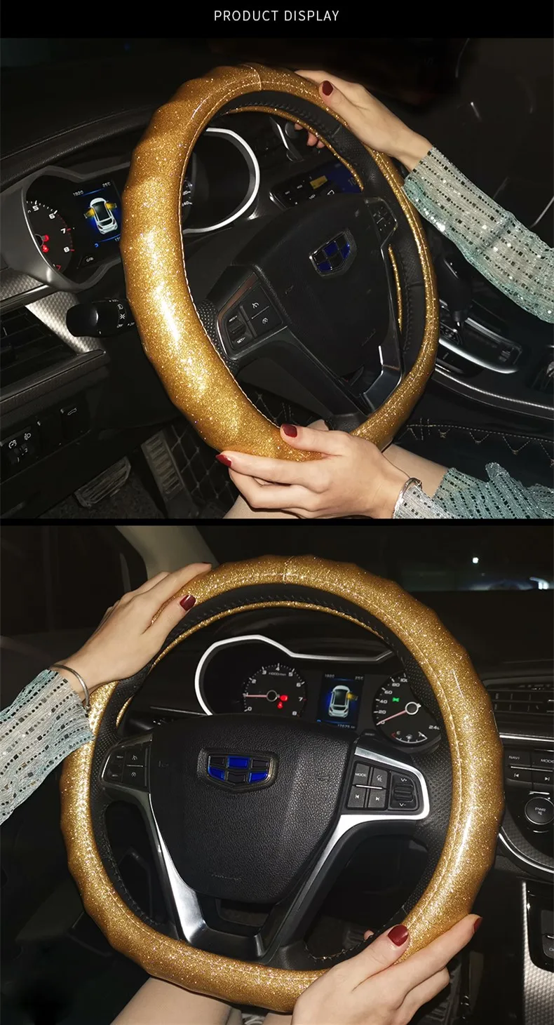 Модные женские блестящие кожаные чехлы рулевого колеса автомобиля, алмазные автомобильные чехлы для рулевого управления для женщин и девочек, автомобильные аксессуары