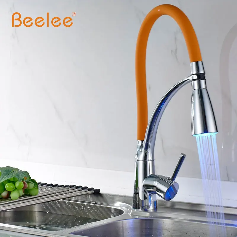 Beelee кухонный кран выдвижной хромированный оранжевый цвет 360 градусов