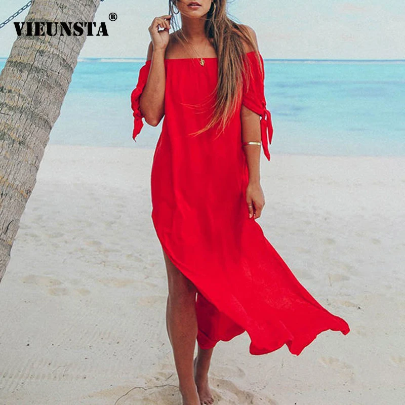 Летнее сексуальное богемное пляжное платье с открытыми плечами женское длинное