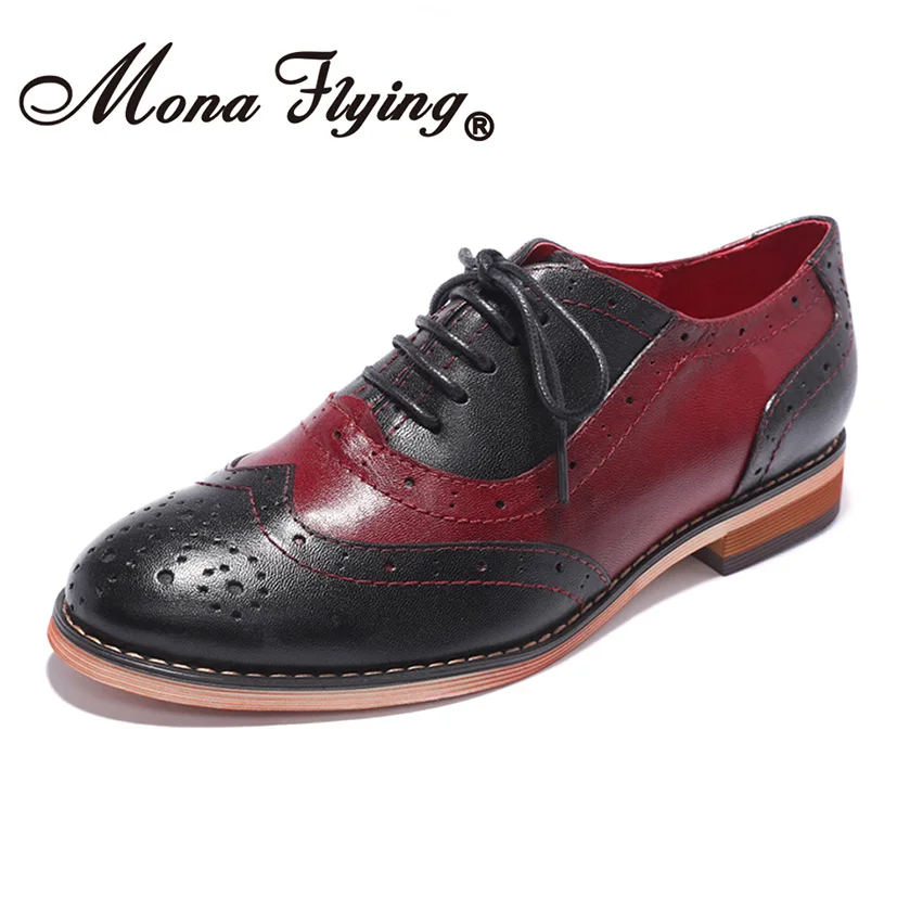 Mona flying/женские кожаные перфорированные Туфли-оксфорды на шнуровке; Разноцветные броги; седельная обувь для девочек; женские CS-A068 - Цвет: Black-red-black