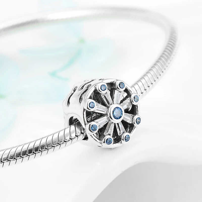 New Real 925 Sterling Silver hollow Blue CZ snowflake Fine Crysta beads for Jewelry making Fit Original European Charm Bracelet | Украшения