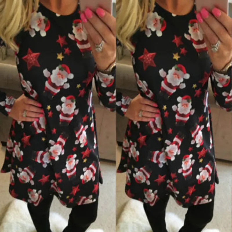Женское рождественское платье 2017 Модные свободные платья с принтом Санта Клауса