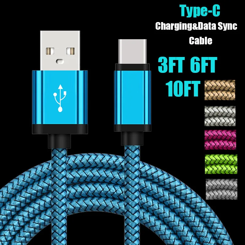 1 ~ 3M Прочный Плетеный плетеный кабель Type C USB для зарядки и синхронизации данных