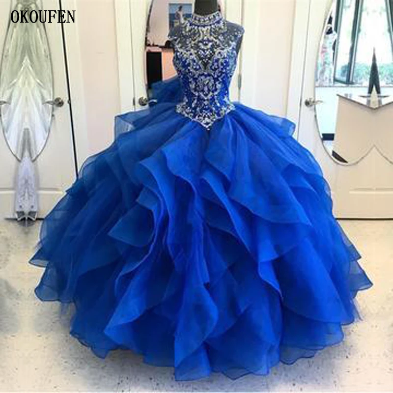 

Royal Blue Red Ball Gown Quinceanera Dresses 2021 Organza High Neck Sweet 16 Dress Debutante vestido de 15 anos robe de bal doce