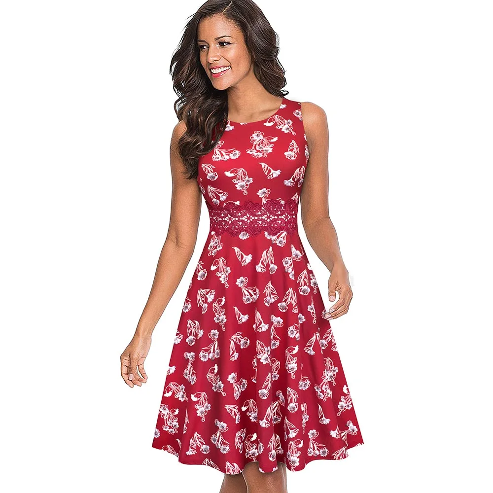 Red and Floral Хорошее-forever винтажное элегантное кружевное лоскутное платье с цветочной вышивкой трапециевидной формы Pinup Деловые женские вечерние Расклешенные платья A079 - Цвет: Red and Floral