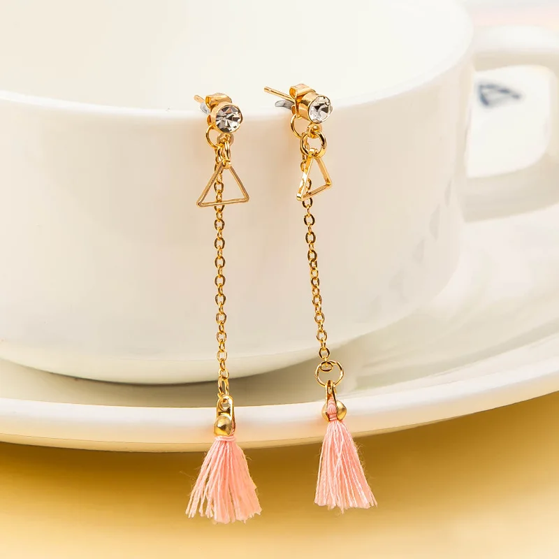 Золотистые треугольные серьги цепочка из звеньев шелковые длинные висячие с