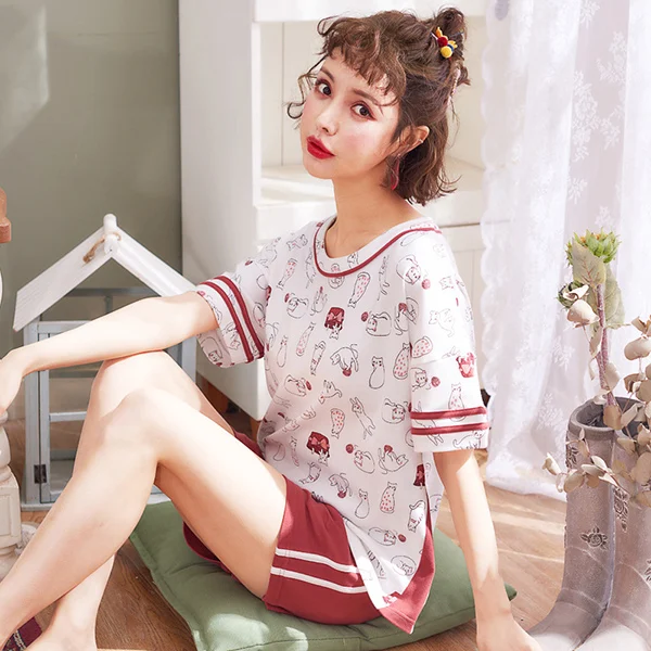 07 style Летний хлопковый женский пижамный комплект с принтом, круглый вырез, короткий рукав, топ+ шорты, женские пижамы, Повседневная Домашняя одежда, пижамы, одежда для сна - Цвет: 07 style