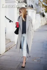 Женские серые шерстяные пальто, зимнее длинное пальто, новый дизайн, голливудские теплые длинные пальто оверсайз из искусственного кашемира светло-серого цвета