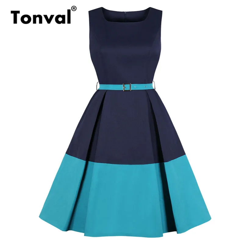 Tonval Navy Blue and Yellow Color-block Vintage Retro Dress Women Belted Slim Fit Pocket Office Ladies Pleated Cotton Dresses | Женская