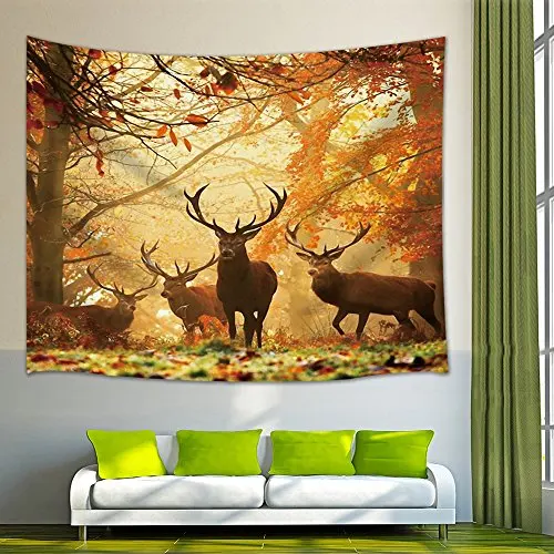 Animal Decor Cute Deer Mystical Foggy Forest Tapestry Wall Hanging for Bedroom Living Room Dorm Art | Дом и сад