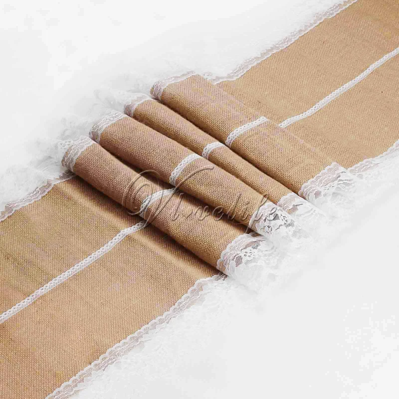 Изысканная скатерть из натурального джута 40 см х 275 с чистым белым кружевом и