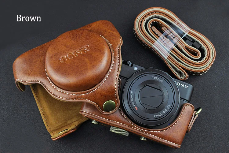 brown with logo Из искусственной кожи чехол сумка для фотоаппарата для sony RX100II RX100III RX100IV RX100V RX100 M3 M4 M5 M6 протектор чехол с ремешком - Цвет: brown with logo