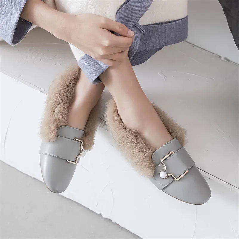 CONASCO Fashion Metal Buckles Med Heels Fur Autumn Winter Party Wedding Shoes Woman Genuine Leather Square Toe Prom Pumps | Обувь