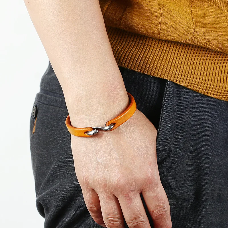 LOULEUR Simple Men Vintage Genuine Leather Bracelets Clasp For Bracelet Bangles Male Jewelry 21cm | Украшения и аксессуары