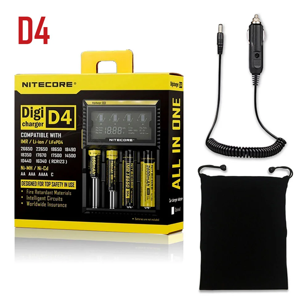 Бренд Nitecore D4 D2 I4 I2 Digi зарядное устройство lcd интеллектуальная схема Li-Ion для 26650 18650 16340 14500 AAA автомобильное зарядное устройство - Цвет: D4 with car bag