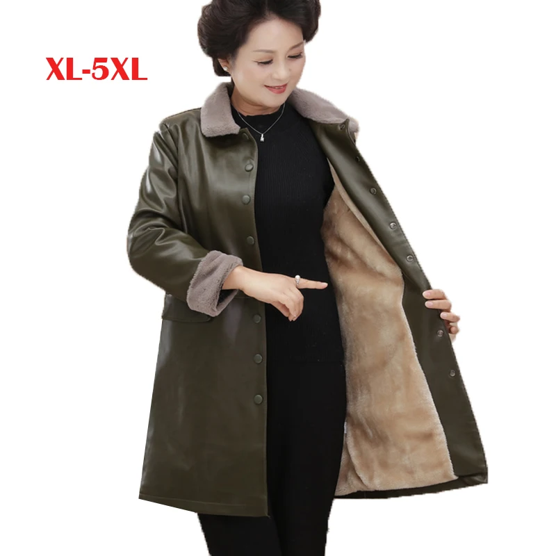 

Куртка женская зимняя из искусственной кожи, с меховым воротником, облегающая, с лацканами и поясом, пальто локомотивное размера плюс 5XL 3 ви...