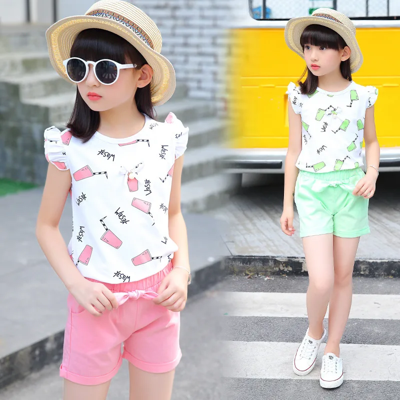 Комплект одежды для девочек новая летняя детская одежда 2018 футболка без рукавов