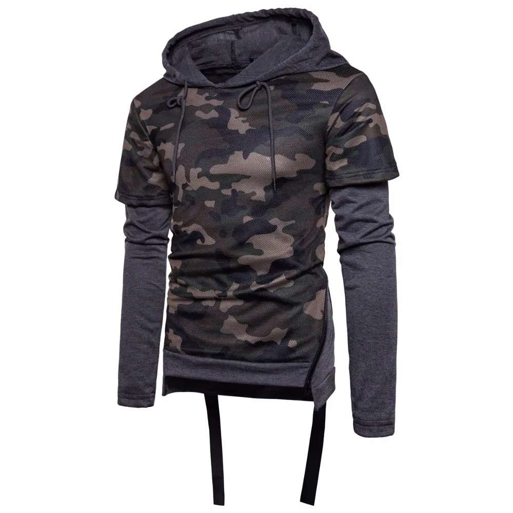 

Nice European Size Men Hedging Camouflage Hoodies Fashin Fake two-piece Hooded Zipper Pullovers For Male S-3XL