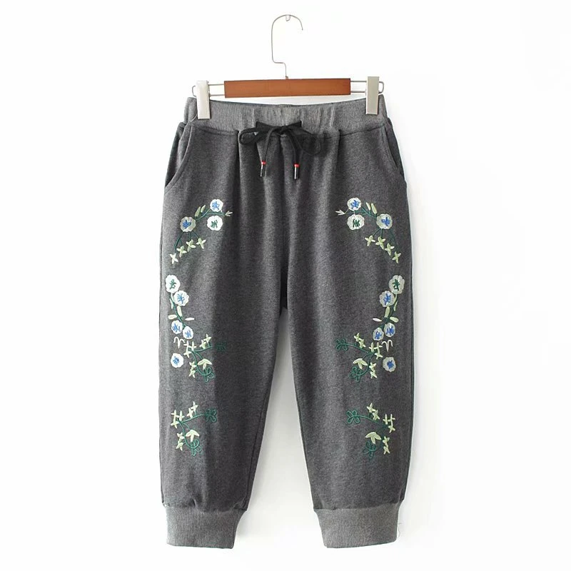 Женские брюки с цветочной вышивкой размера плюс спортивные шаровары-джоггеры 3/4 |