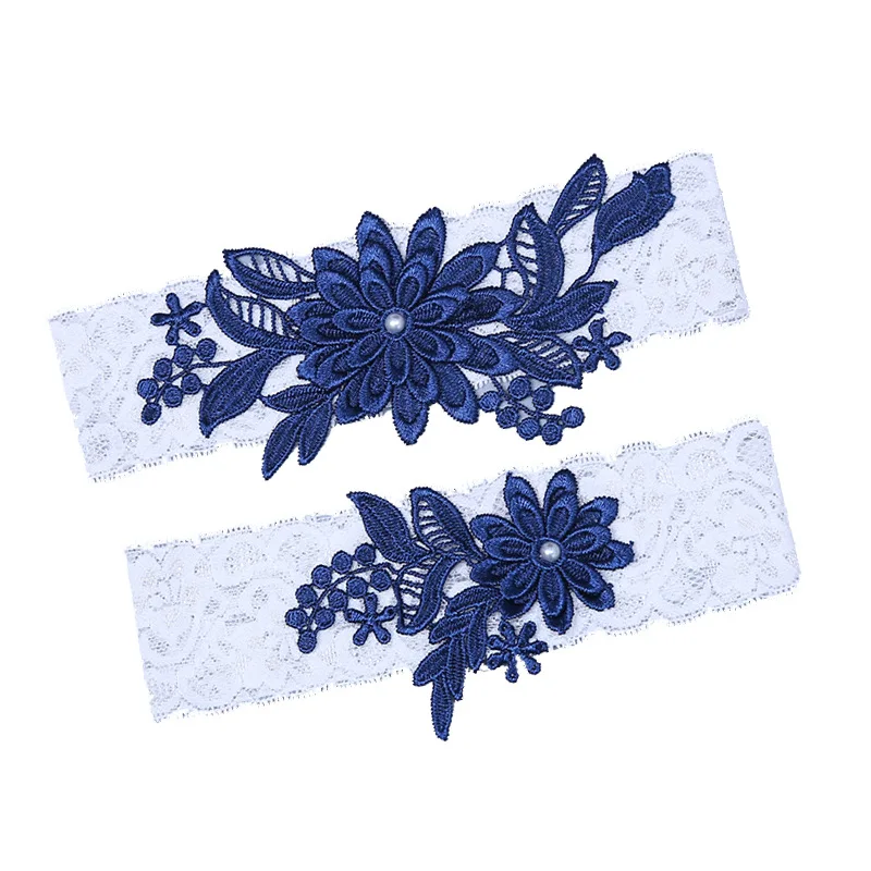 

2pcs Wedding Garter Navy White Embroidery Floral Sexy Garters Women/Female/Bride Thigh Ring Bridal Lace Leg Ring Loop