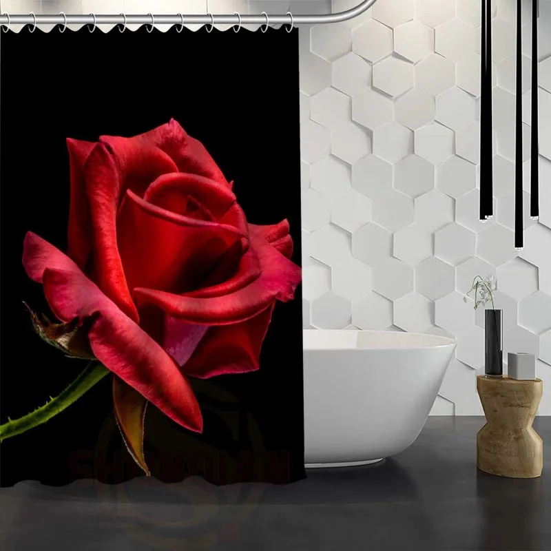 

Custom Flowers Rose Red Shower Curtain With Hooks Fabric Shower Curtain for Bathroom Waterproof Bath Curtain Gift