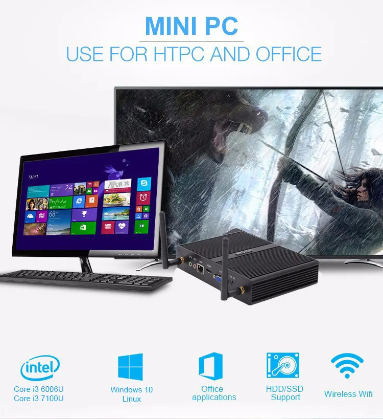 Intel core i3 7100u i5 7200U безвентиляторный мини-ПК Windows 7 10 Gigabit LAN VGA HDMI офисный неттоп ПК i5 5200U тонкий клиент HTPC J1800