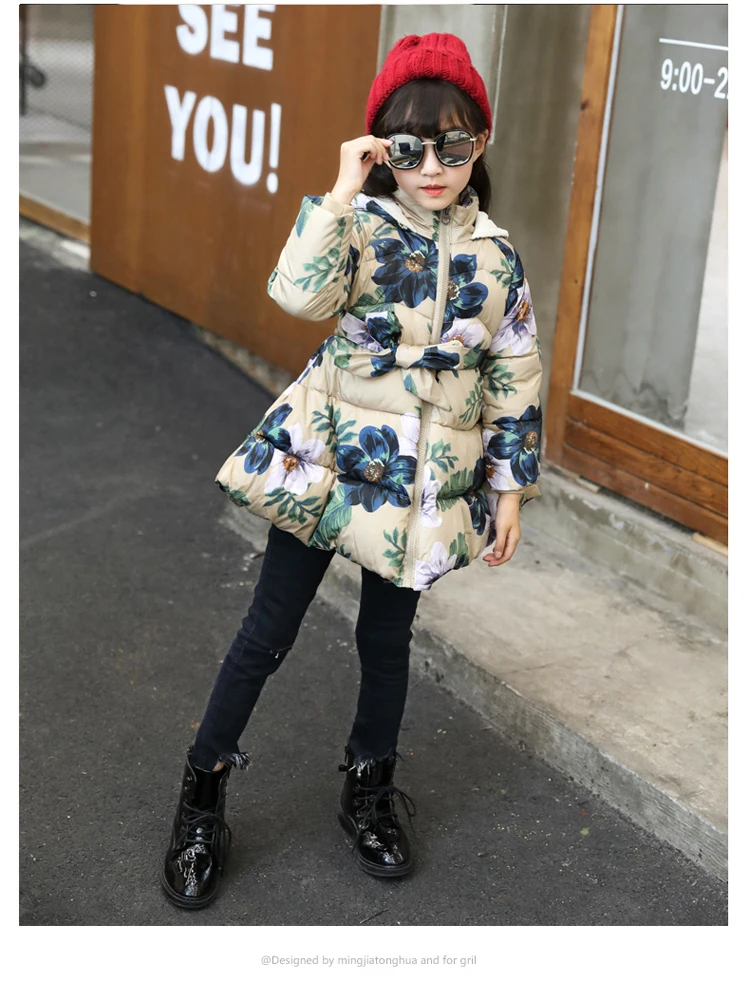 Winter 2018 coat Kid Baby Girl Floral Print Hooded Jacket Girls Kids Padded Long Sleeve Bow Casual Children's Outerwear | Детская