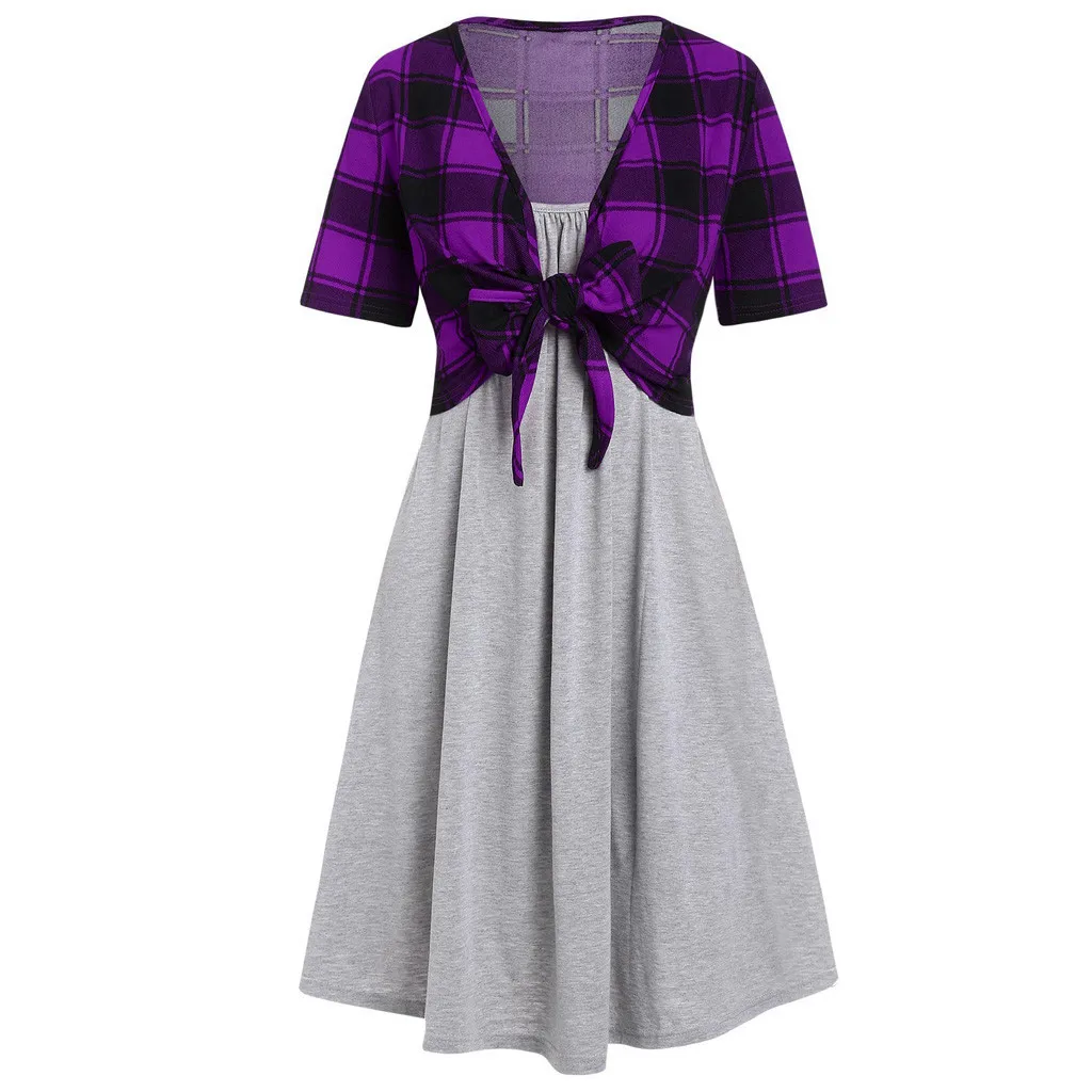 Женское платье с коротким рукавом УЗЕЛКОВЫЙ клетчатый топ + однотонное на