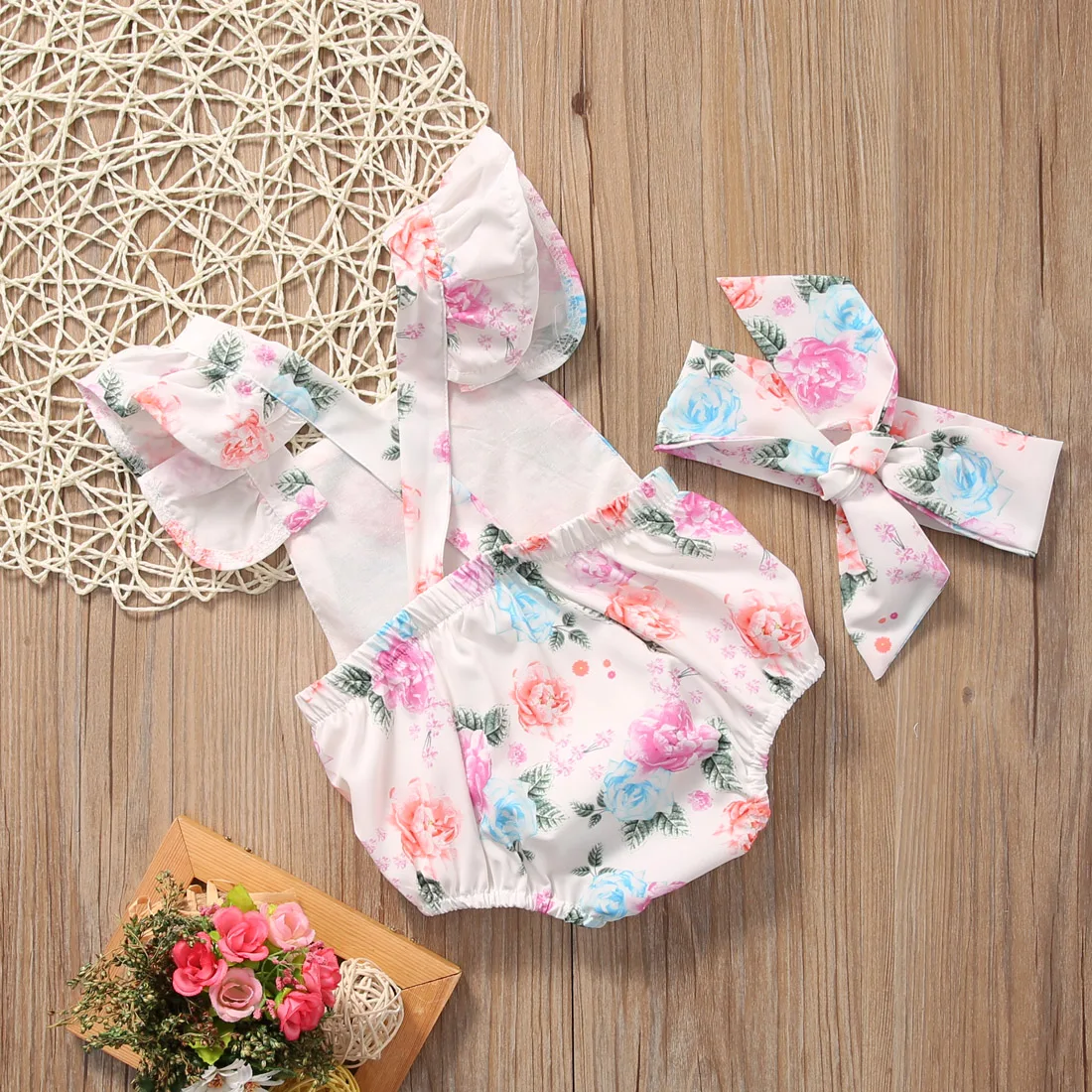 

2021 Cute Floral Romper 2pcs Baby Girls Clothes Jumpsuit Romper + Headband 0-24M Age Infant Toddler Newborn Outfits Set Hot Sale