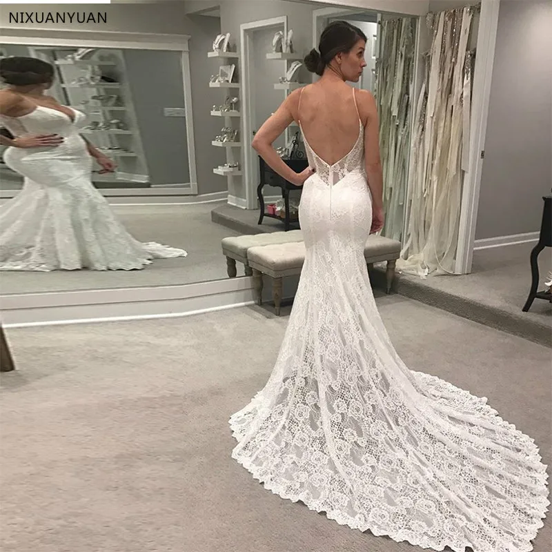 Спагетти ремни белый цвет слоновой кости Vestido De Noiva v-образным вырезом Кружева Часовня Поезд свадебное платье Русалка Стиль Открытый спина свадебные платья
