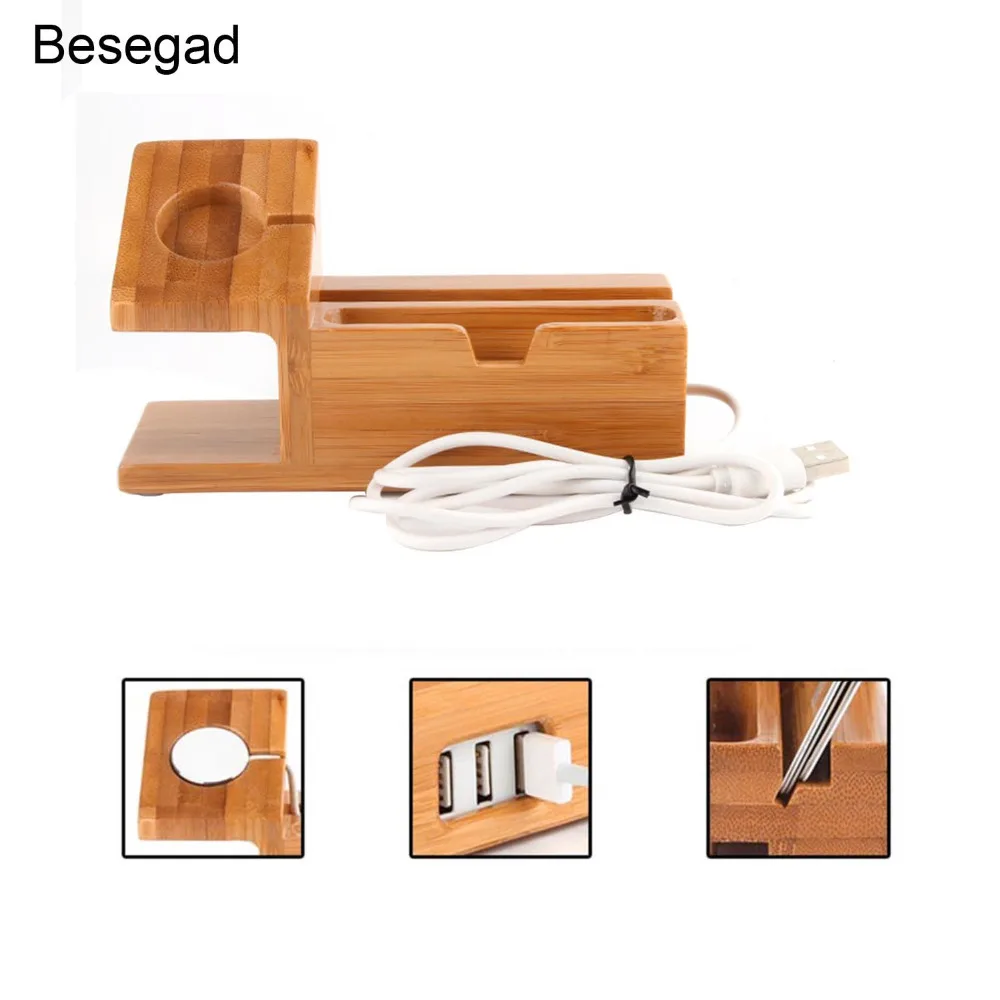 Besegad деревянная зарядная станция Док Подставка держатель w/3 usb хаб порт для Apple Watch