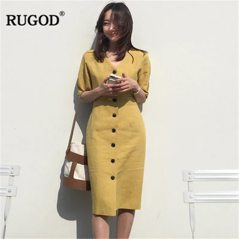 Женское однобортное платье RUGOD желтое однотонное до колена с короткими рукавами