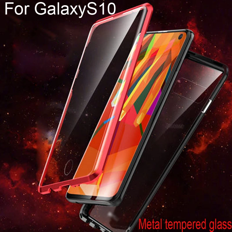 

Luxury Magnetic Adsorption Case For Samsung Galaxy S10 s10 Metal Frame Clear Tempered Glass Cover GalaxyS10 Magnetic Flip Cases