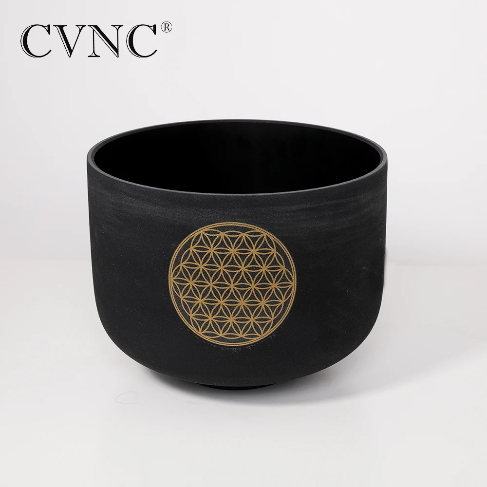 CVNC 8 Inch Flower of Life Black Colored Chakra Quartz Crystal Singing Bowl C Note for Relief with Free Rubber Mallet and O-ring enlarge