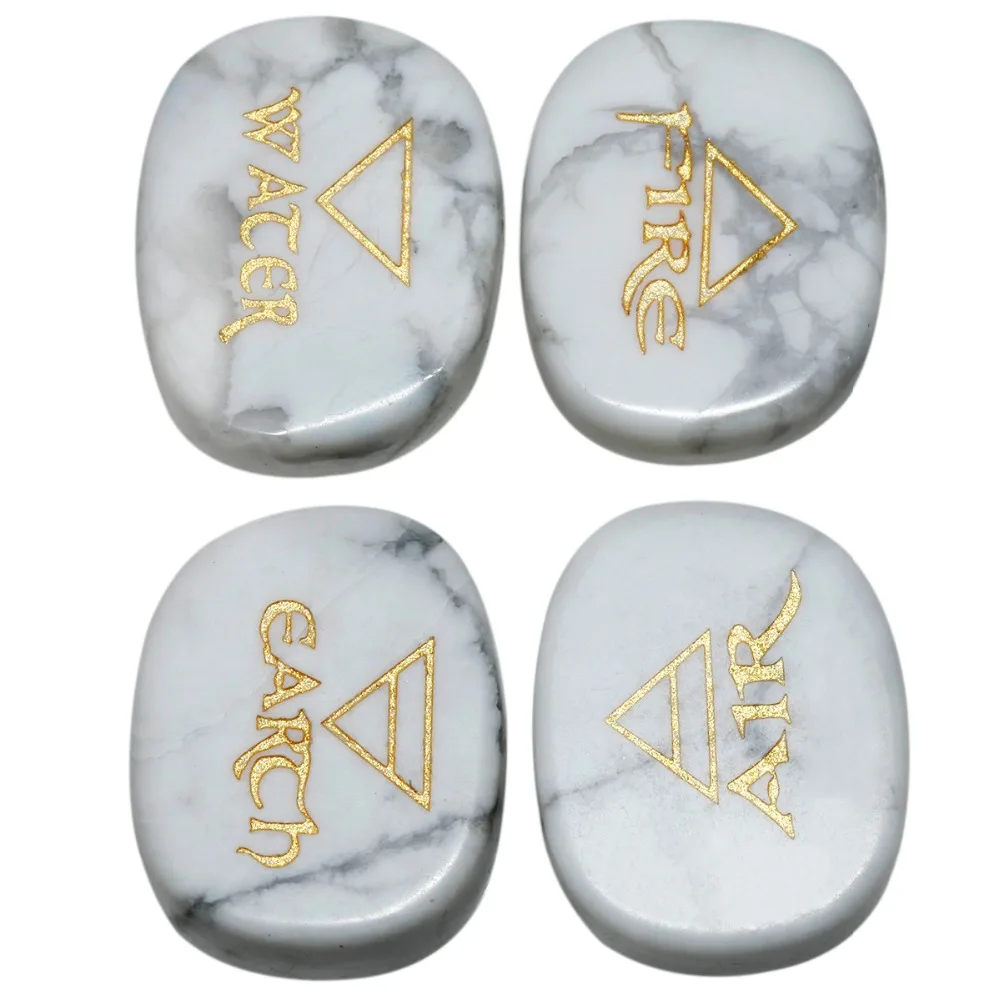 

TUMBEELLUWA 1Set (4Pc) White Howlite Stone Palm Stone Engraved Element Symbols Healing Crystal Reiki Air Water Fire Earth