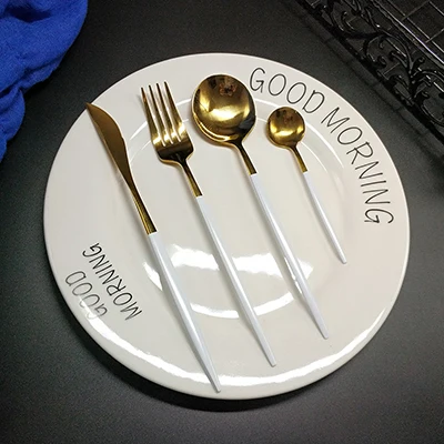 white gold 6 set Горячая 16/24/32pcs столовые приборы из нержавеющей стали cubiertos tofok dorados де inoxidable faqueiro dourado вилки, ножи, ложки комплект - Цвет: white gold 6 set