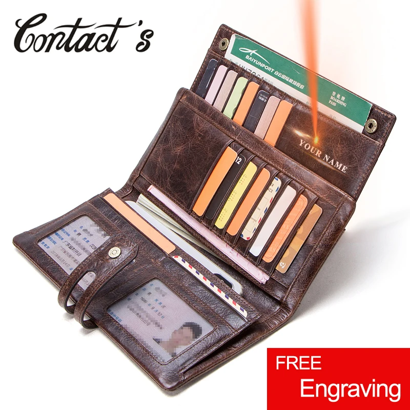 

Contact's Genuine Leather Men Wallets Vintage Coin Purse Long Brand Designer Male Purses Quality Handbag with Cell Phone Pocket